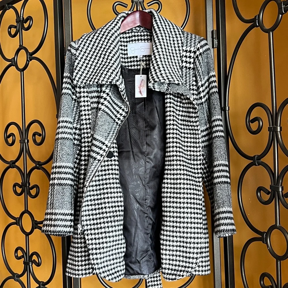 JESSICA SIMPSON Checker Plaid Wool Wrap Zipper Coat - Picture 11 of 16